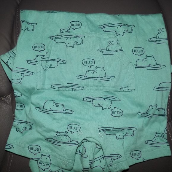 Carter’s Green Hippo Print Hooded Romper Size 24 - Picture 3 of 5